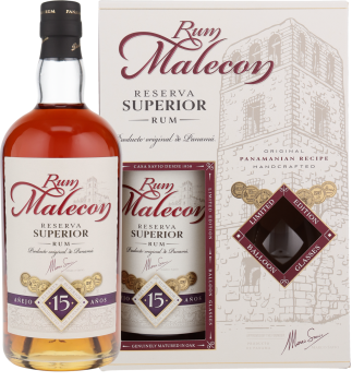 Rum Malecon 15 Años Rum 40% Vol. 0,7 Liter aus Panama in einer Geschenkpackung mit 2 Gläsern