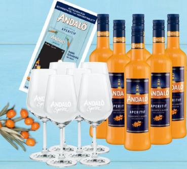 6 Flaschen Behn Andalö Sanddornlikör 15% Vol. 0,7 l + 6 Andalö Aperitif Gläser