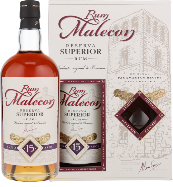 Rum Malecon 15 Años Rum 40% Vol. 0,7 Liter aus Panama in einer Geschenkpackung mit 2 Gläsern